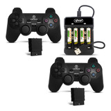 Kit 2 Controle Sem Fio Compatível Com Ps2 Carregador E Pilha