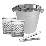 Kit 2 Copos Cristal Whisky Balde De Gelo Inox C Pegador