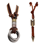 Kit 2 Cordão Colar Masculino Couro Legítimo Argolas Flecha Cor Marrom escuro