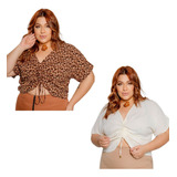 Kit 2 Cropped Manga Feminino Franzido Plus Size Verão ariel