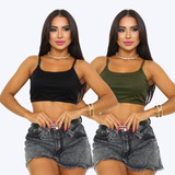 Kit 2 Cropped Top Faixa Alcinha Canelado Alta Elasticidade