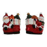 Kit 2 Enfeites Cerâmica Natal Led Bota Papai Noel Boneco Nev
