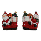 Kit 2 Enfeites Cerâmica Natal Led Bota Papai Noel Boneco Nev