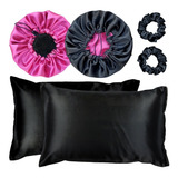Kit 2 Fronha De Cetim Seda 2 Toucas 2 Xuxinhas De Brinde