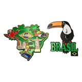 Kit 2 Imãs Geladeira Brasil Bandeiras Mapa Pássaros Souvenir