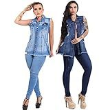 Kit 2 Max Colete Jeans Feminino 100 Algodão Longo Azul Claro E Azul Escuro 1 G3 