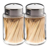 Kit 2 Paliteiro De Vidro Tampa Inox Porta Palito Dente Euro