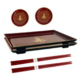 Kit 2 Pessoas Jogo Jantar Oriental Molheira Prato Vermelho