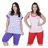 Kit 2 Pijama Curto Calor Bermuda C  S  Manga Idoso Gordinha