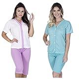 Kit 2 Pijama De Calor Manga Curta Aberto Com Botão E Bermuda Idoso Pós Cirurgia Amamentação P 38 40 