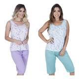 Kit 2 Pijama Feminino Verão Curto Bermuda Sem Manga Idoso