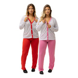 Kit 2 Pijama Longo Amamentação Feminino Aberto Botão Inverno