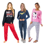 Kit 2 Pijama Longo Feminino Personagem Calça Estampada