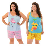 Kit 2 Pijamas De Calor Feminino Curto Plus Size Estampado