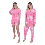 Kit 2 Pijamas Feminino Adulto Americano Curto Longo Malha