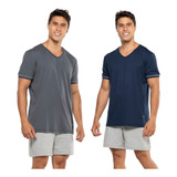 Kit 2 Pijamas Masculinos Liso 100 Algodão Verão Manga Curta