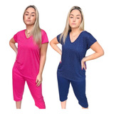 Kit 2 Pijamas Pescador Manga Curta Bermuda Capri Senhora