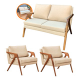 Kit 2 Poltrona 1 Namoradeira Luxo Recepção Sala Tecido Linho