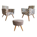Kit 2 Poltrona Decorativa Bia Suede Triângulo Bege Liso Puff Puf Lavínia Redondo Pés Palito Super Barato