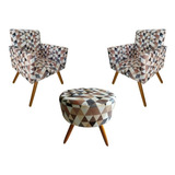 Kit 2 Poltrona Decorativa Bia Suede Triângulo Bege Puff Puf Lavínia Redondo Pés Palito Super Barato