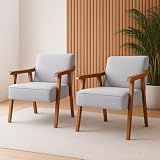 Kit 2 Poltronas Cadeiras Estofadas Em Linho Premium De Madeira Maciça Para Sala De Estar Escritório E Recepção Confortáveis -Cinza Claro-