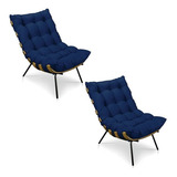 Kit 2 Poltronas Costela Suede Azul Marinho Base Metálica