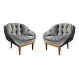 Kit 2 Poltronas Decorativa Marcela Veludo Base Madeira Cor Cinza