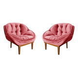 Kit 2 Poltronas Decorativa Marcela Veludo Base Madeira Cor Rosa