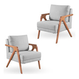 Kit 2 Poltronas Decorativa Mona Braço De Madeira Cor Linho Cinza