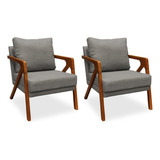 Kit 2 Poltronas Decorativa Mona Luxo Linho Base Madeira Cor Linho Cinza
