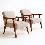 Kit 2 Poltronas Decorativas Estofadas Em Tecido Linho Premium Cadeira Madeira Maciça Para Sala- Consultório E Recepção -Linho Cru-
