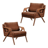 Kit 2 Poltronas Decorativas Mona Luxo Madeira Marrom Corino