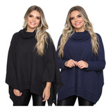 Kit 2 Poncho Feminino Tricot Mousse Liso Gola Alta Casaco Lã