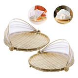 Kit 2 Portas Pão bolo Redondo Rattan Bambu Com Tela 40cm
