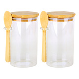 Kit 2 Potes Vidro Tampa Colher Bambu Acucareiro Saleiro