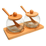 Kit 2 Potes Vidro Tampa Colher Bandeja Bambu Açucareiro Sal