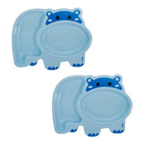 Kit 2 Pratinhos Introdução Alimentar Infantil Papinha Bebe Cor Hipopótamo Azul