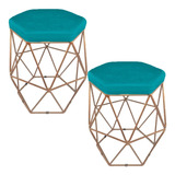 Kit 2 Puff Decorativos Aramado Base Bronze Suede Azul Turque