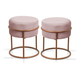 Kit 2 Puff Para Sala Redondo Pé Argola Cobre Reforçado Luxo Cor Rose Veludo