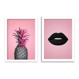Kit 2 Quadros Boca Maquiagem Abacaxi Rosa Com Vidro