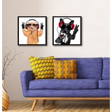 Kit 2 Quadros Decorativos Gato Cachorro Fone De Ouvido 30x30