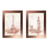 Kit 2 Quadros Decorativos Torre Eiffel Relógio Big Bem Vidro Cor Da Armação Rosê