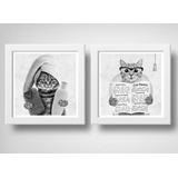 Kit 2 Quadros Gato Gatinho Banheiro Jornal Preto Branco Pet