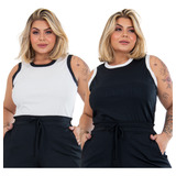 Kit 2 Regatas Plus Size Bicolor Blusa Malha Elastano Até G4