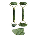 Kit 2 Rolo Massageador Facial Pedra De Jade Placa Gua Sha