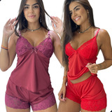 Kit 2 Short Doll Baby Doll Pijama Confortável Renda Sensual