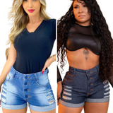 Kit 2 Short Jeans Feminino Luxo Jeans Rasgado Bermuda