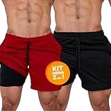 Kit 2 Shorts Duplo Masculino 2 Em 1 Bermuda Dry Fit Treino Calção Com Bolso Celular Academia Fitness Musculação Preto Vinho CLICK MAGAZINE XG 
