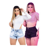 Kit 2 Shorts Jeans Feminino Destroyed Rasgado Cintura Alta