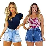 Kit 2 Shorts Jeans Femininos Cintura Alta Bermuda Shorts Jeans Desfiado Cós Alto Hot Pants -BR- Cintura- 44- Slim- Regular- 100- Jeans-